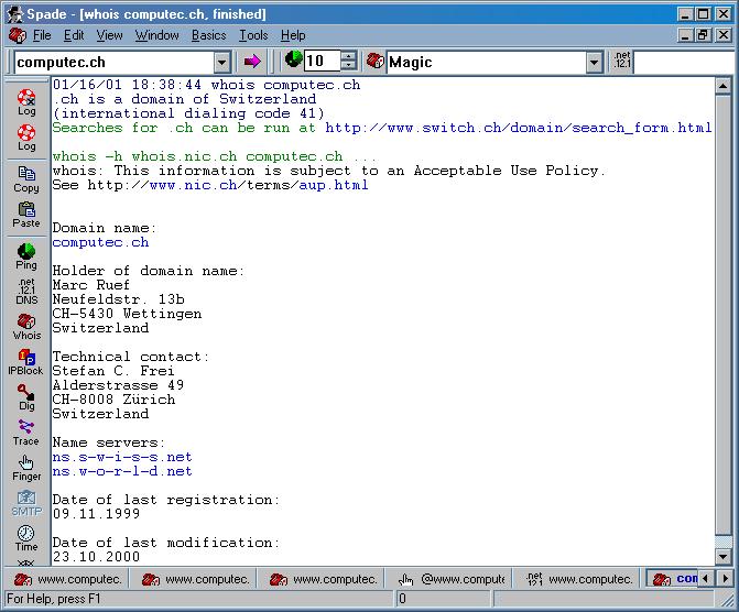 Eine mit Sam Spade get�tigte whois-Abfrage der Domain computec.ch