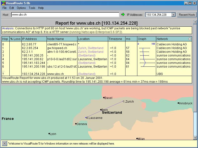 Der Report von VisualRoute 5.0b f�r Windows zur Abfrage zur ubs.ch.