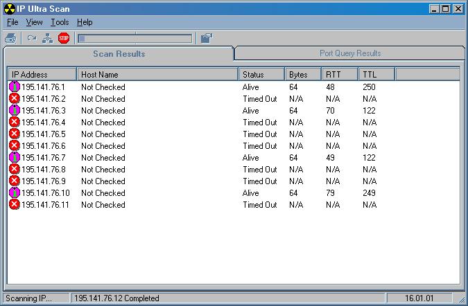 Ein Ping-Suchlauf mittels IP Ultra Scan auf Windows 98.