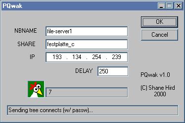 PQwack f�r Windows versucht sich an einem Passwort f�r eine NetBIOS-Freigabe.